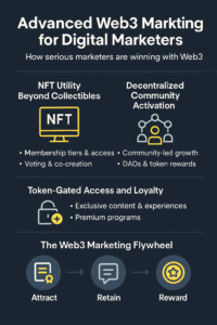 Infographic showing Web3 marketing strategies including NFTs, decentralized communities, token-gated access, and a flywheel model for attract, retain, and reward