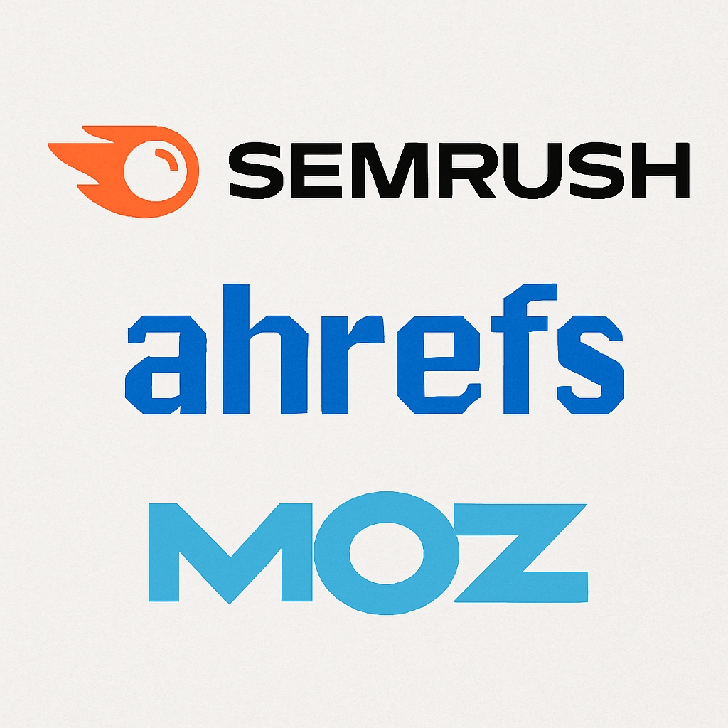 Graphic of SEMrush, Ahrefs, and Moz logos
