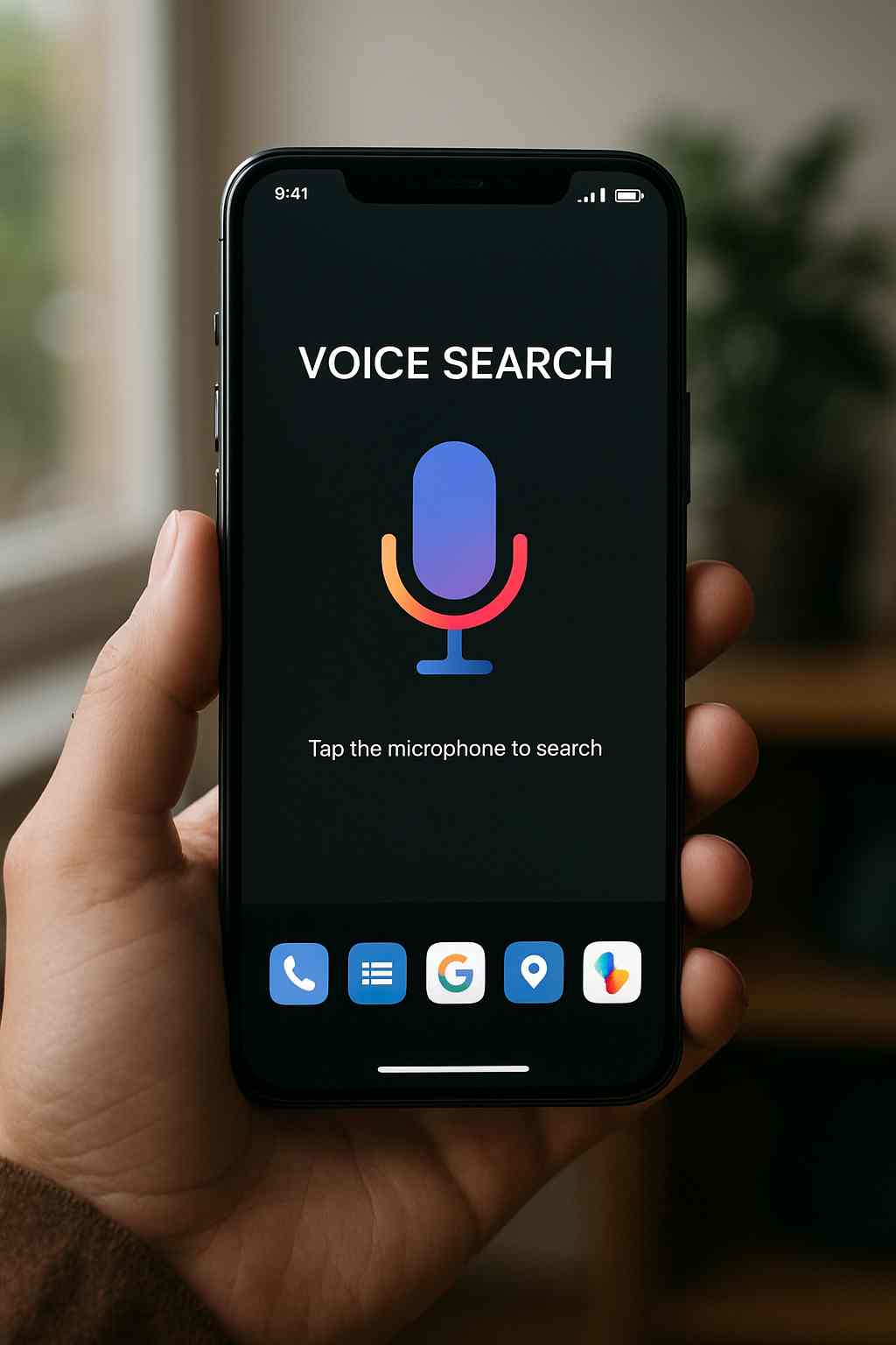 Image depicting a smartphone with voice search and app interface