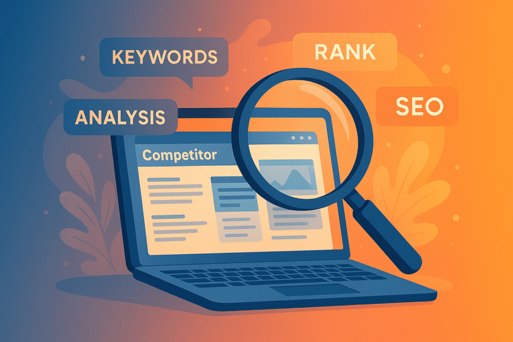 Competitor keyword analysis strategy showing SEO experts analyzing search rankings and keywords.