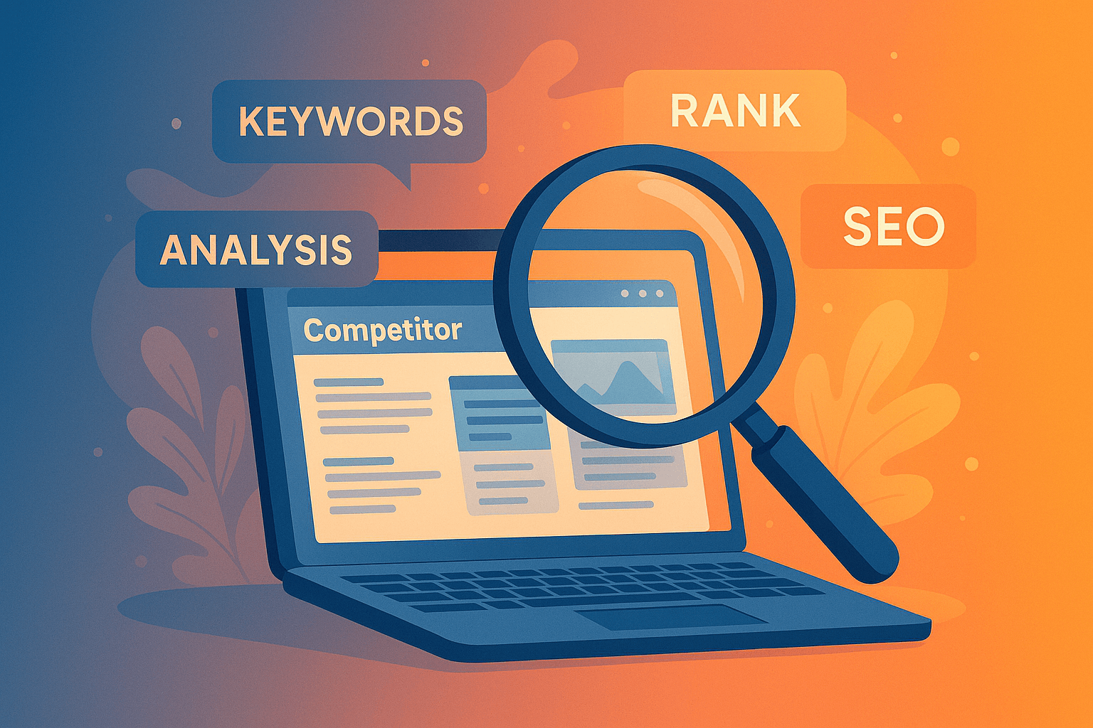 Competitor keyword analysis strategy showing SEO experts analyzing search rankings and keywords.