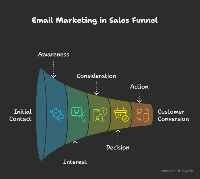 Email's role in sales funnel: Awareness → Decision
