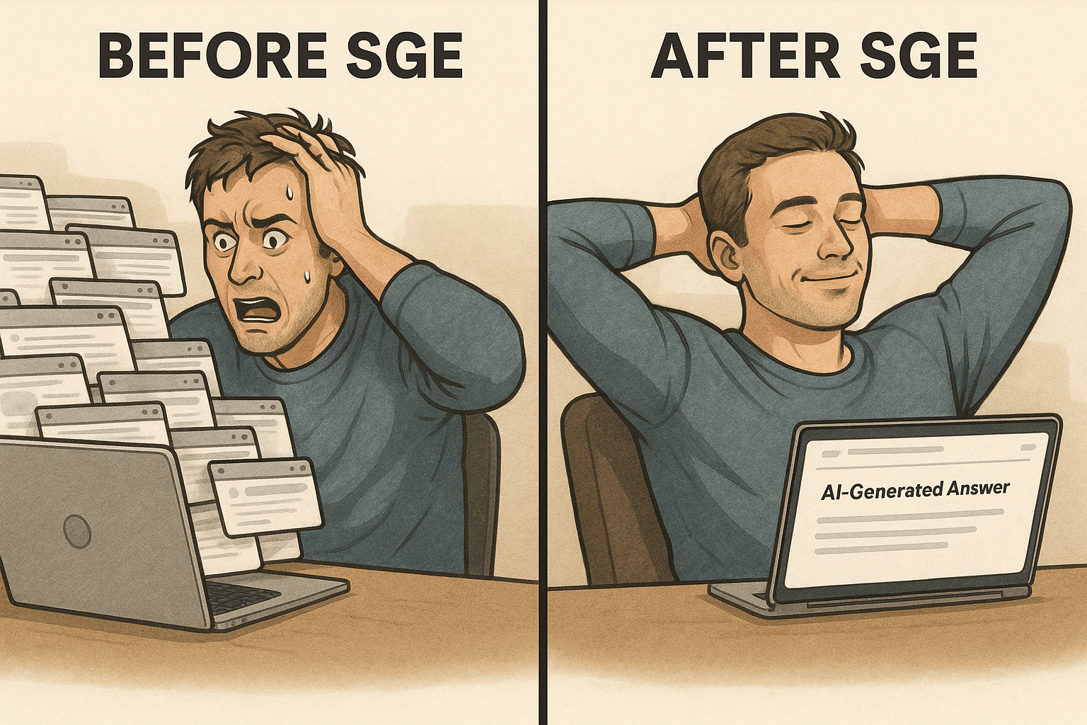 Visual comparison of Google Search results before and after Search Generative Experience (SGE) implementation, showing traditional listings versus AI-generated answers