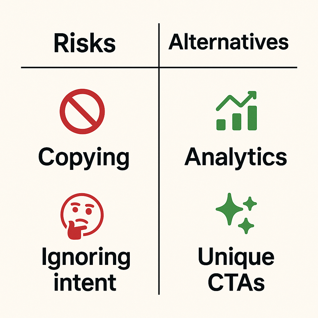 Avoid risks like copying competitors; try alternatives like user surveys or Google Analytics." Focus Keywords: keyword analysis risks, SEO alternatives