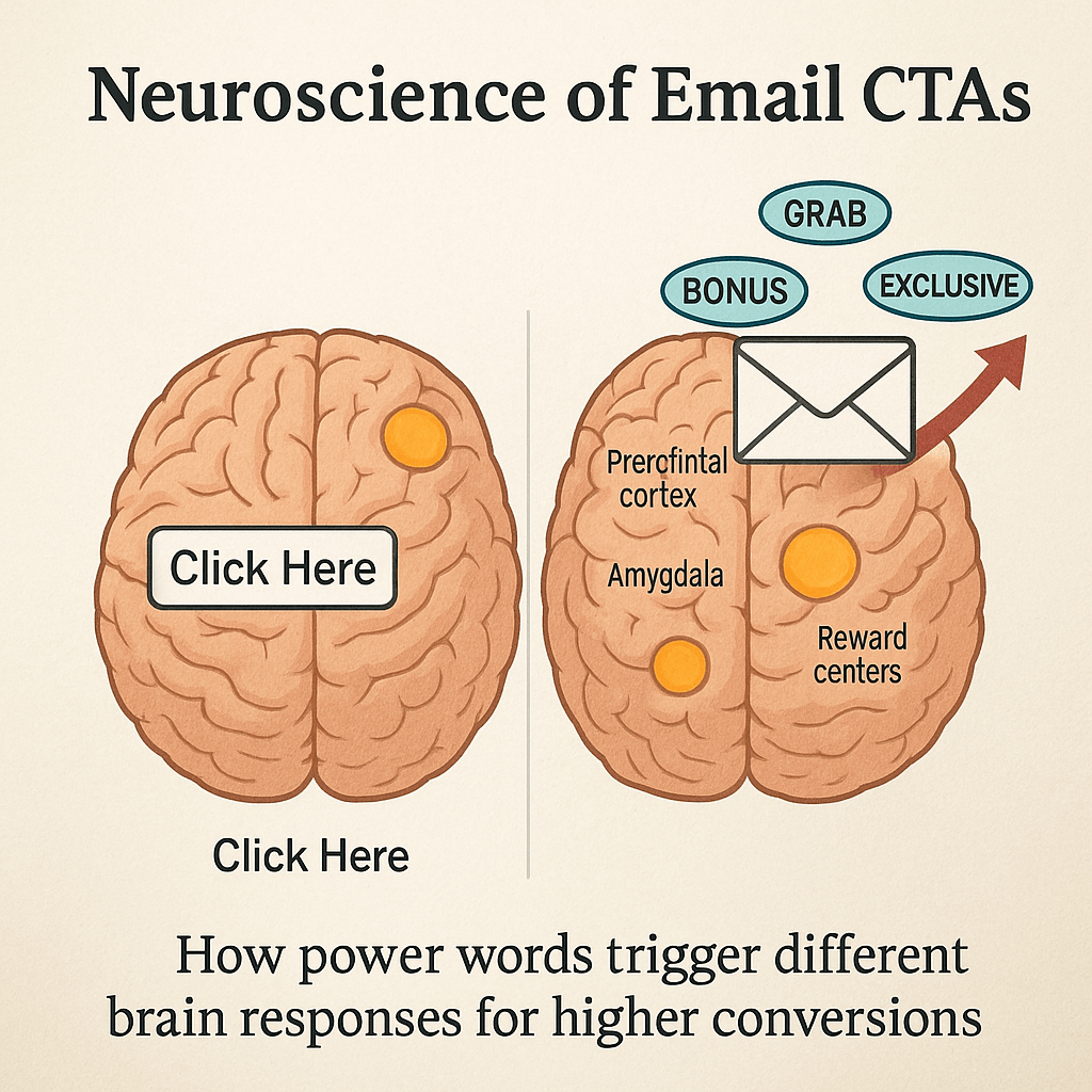 Brain scan visualization showing how power words like 'Grab' and 'Exclusive' activate reward centers more than generic CTAs