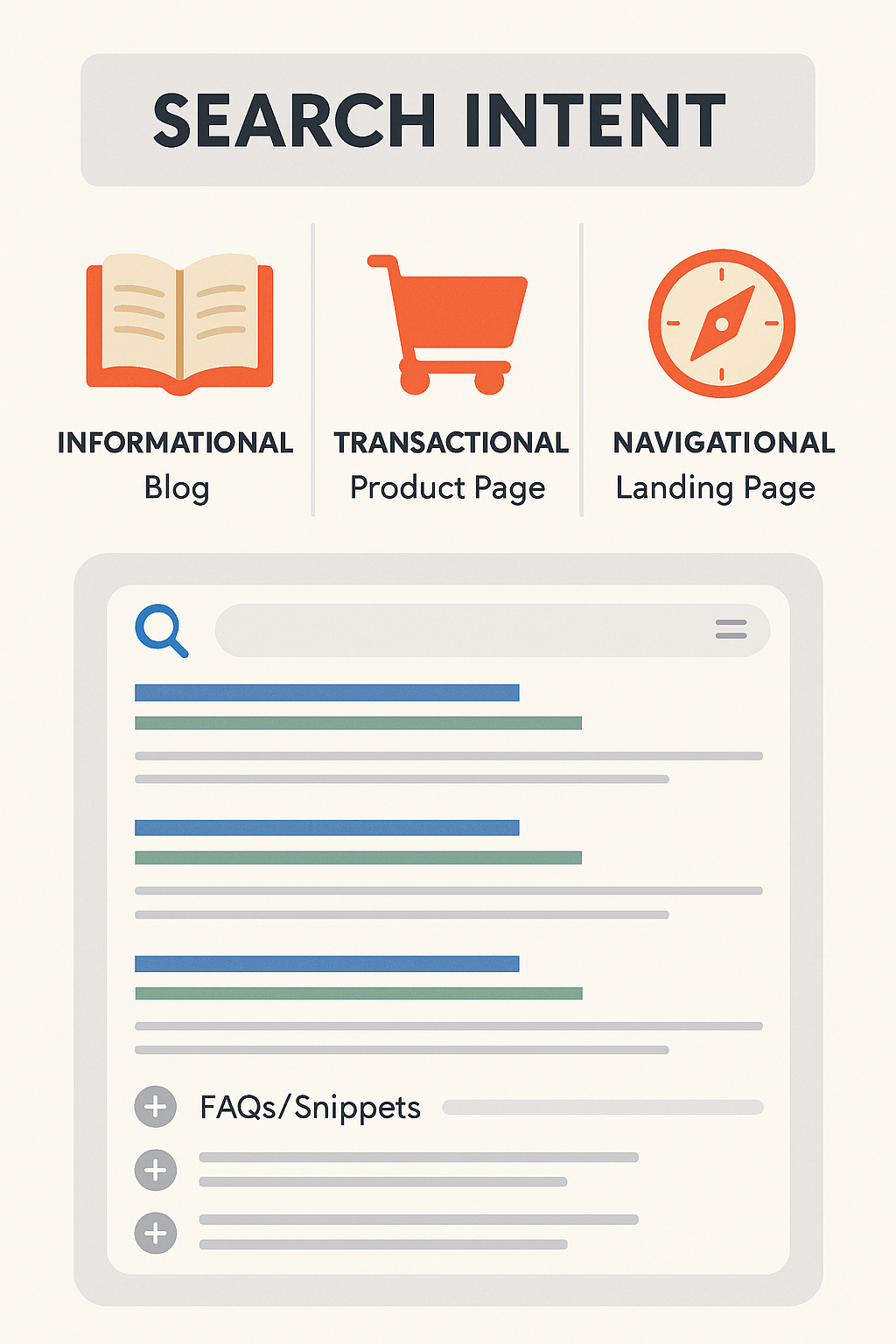 3 types of search intent: informational (blog), transactional (product), and navigational (landing page)