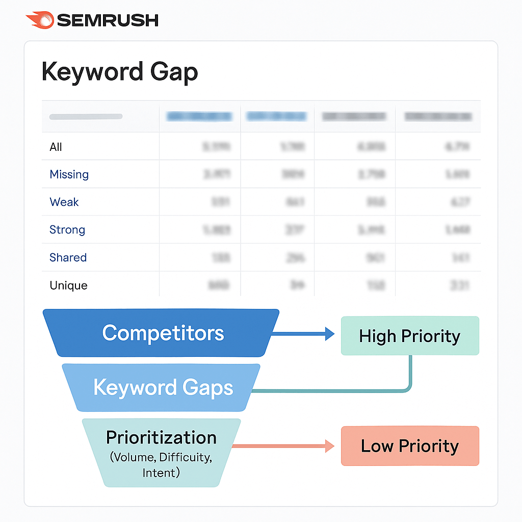 How to use SEMrush Keyword Gap Tool to find missing and weak keywords vs competitors.