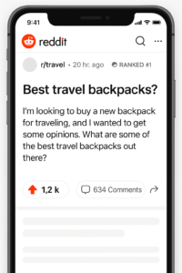 Screenshot of viral Reddit thread with 1,200 upvotes ranking #1 on Google for 'best travel backpacks' search