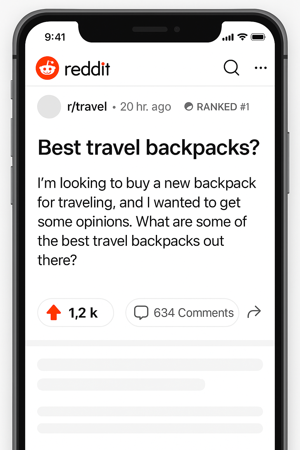 Screenshot of viral Reddit thread with 1,200 upvotes ranking #1 on Google for 'best travel backpacks' search
