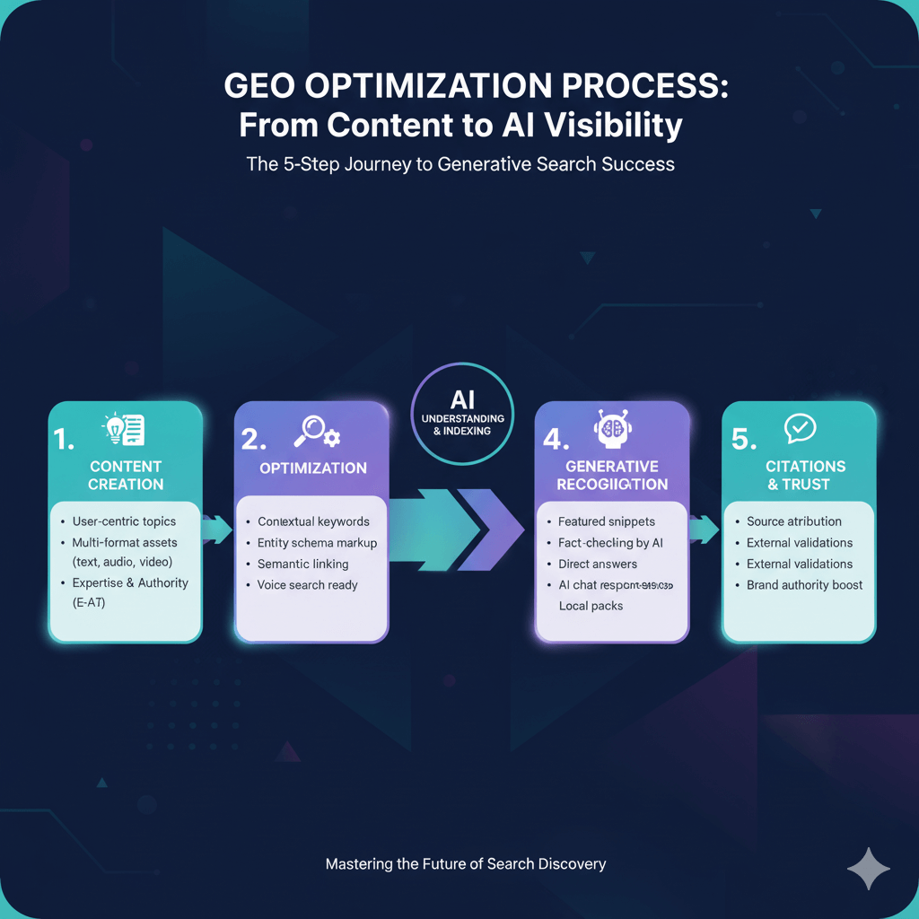 GEO optimization process flowchart displaying five steps from content creation to achieving AI search visibility and citations