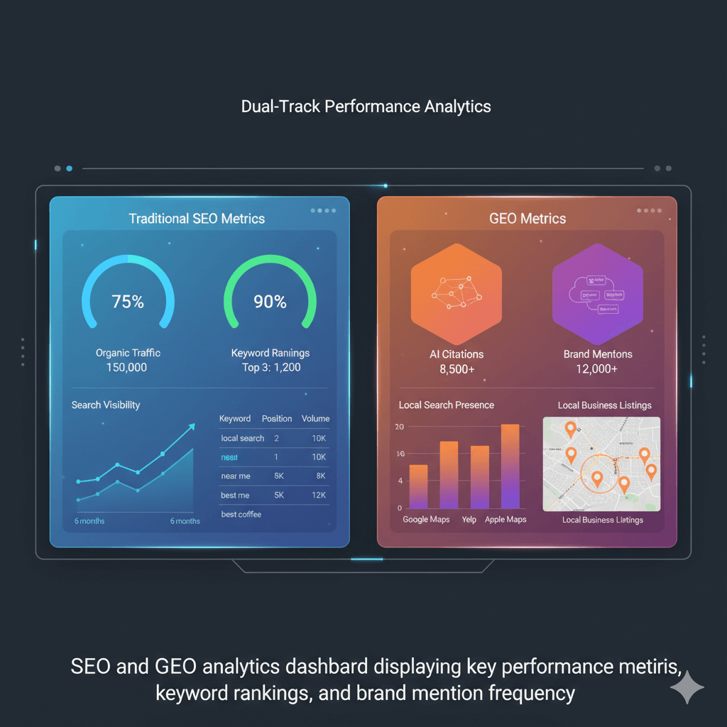 SEO and GEO analytics dashboard displaying key performance metrics including organic traffic, keyword rankings, AI citations, and brand mention frequency
