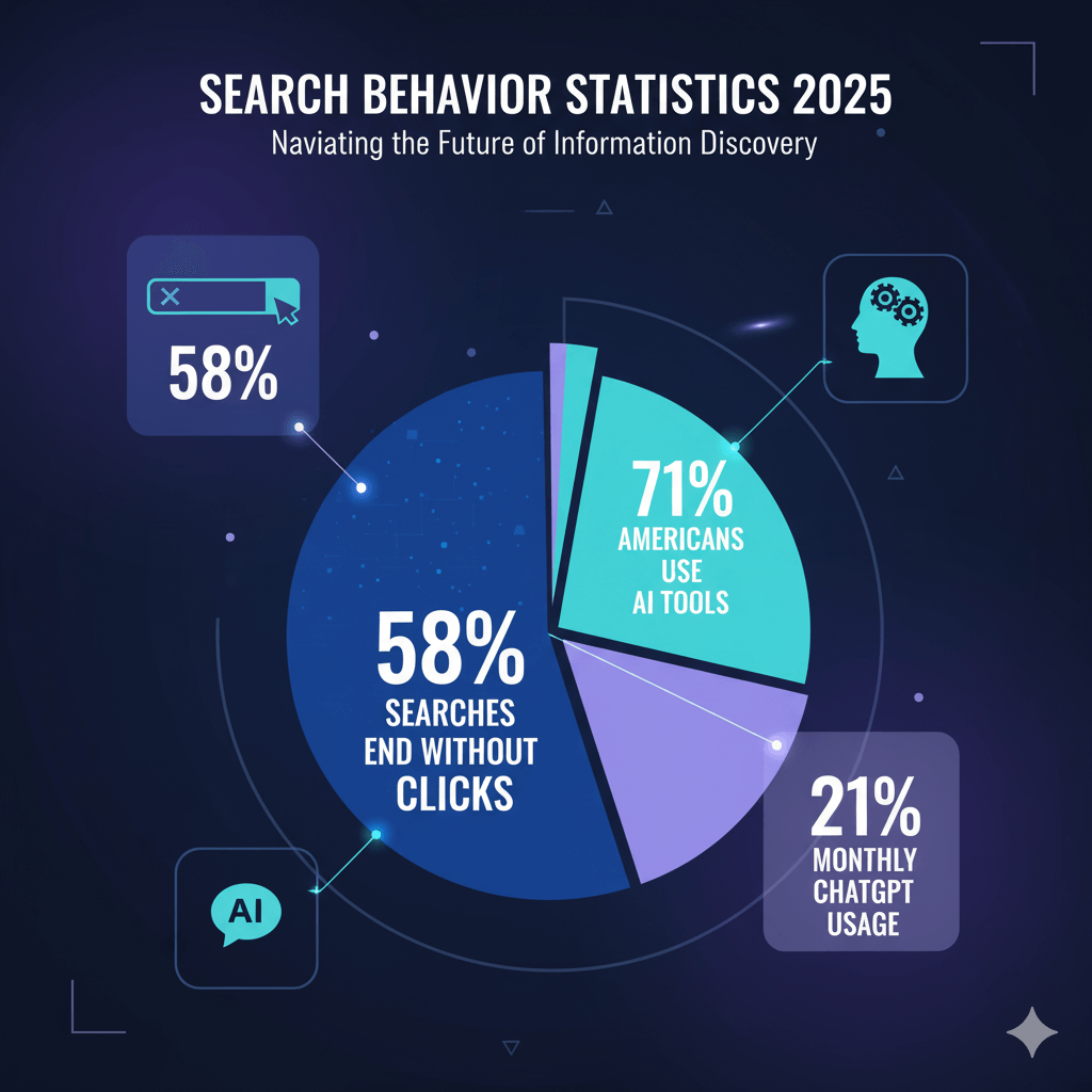 Search behavior statistics 2025 chart showing 58 percent zero-click searches and AI tool adoption rates among US users
