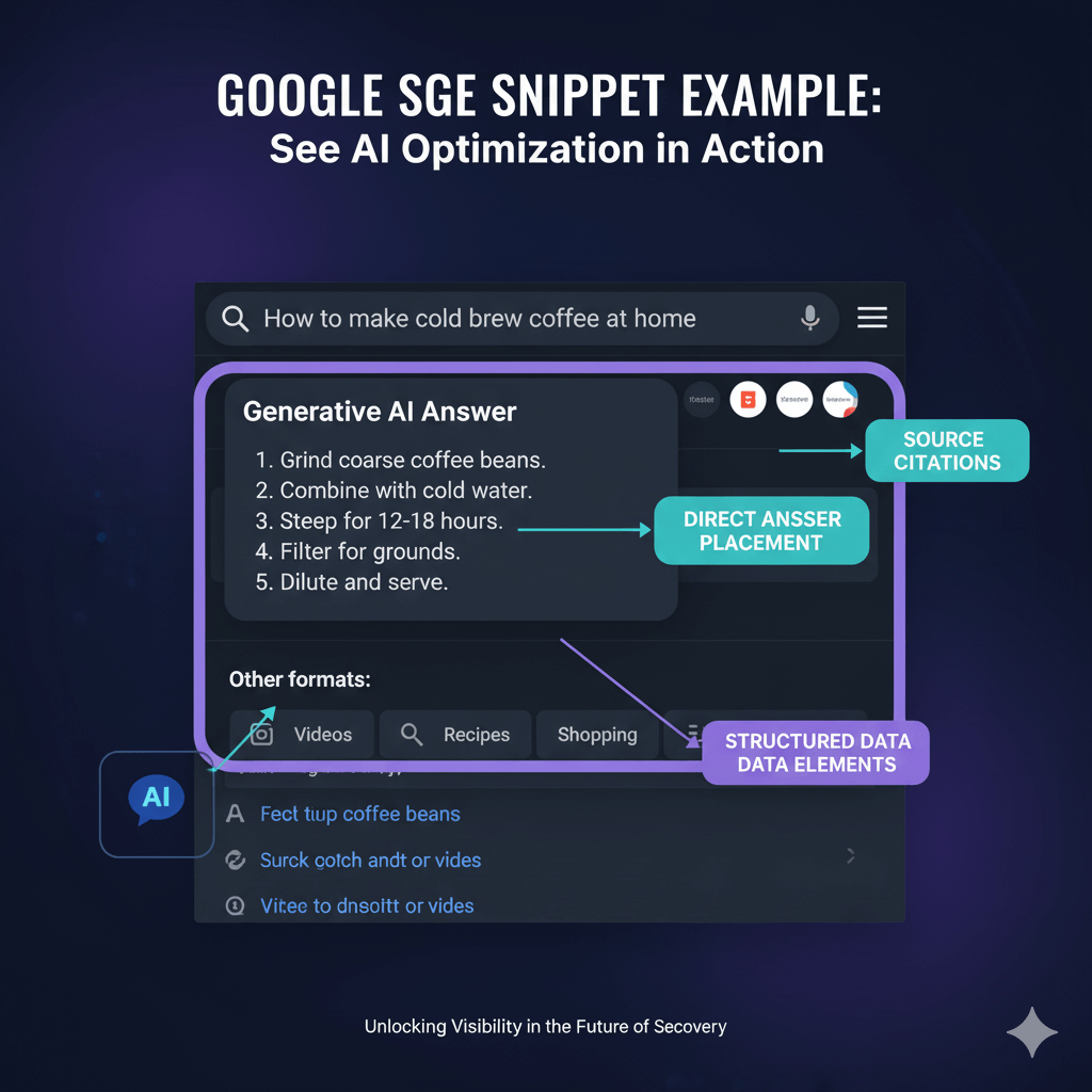 Google SGE snippet example showing AI-generated response with highlighted optimization elements including direct answers and structured content