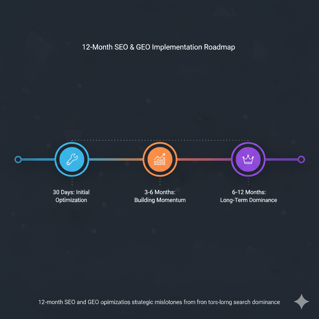 12-month SEO and GEO implementation timeline showing strategic milestones from initial optimization to long-term search dominance