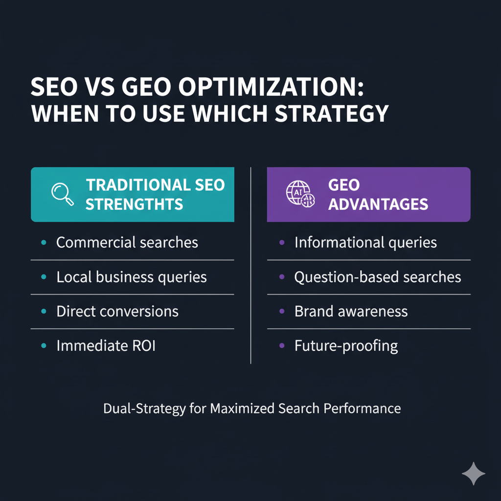 Comparison table of traditional SEO versus GEO strengths showing optimal use cases for each search optimization strategy
