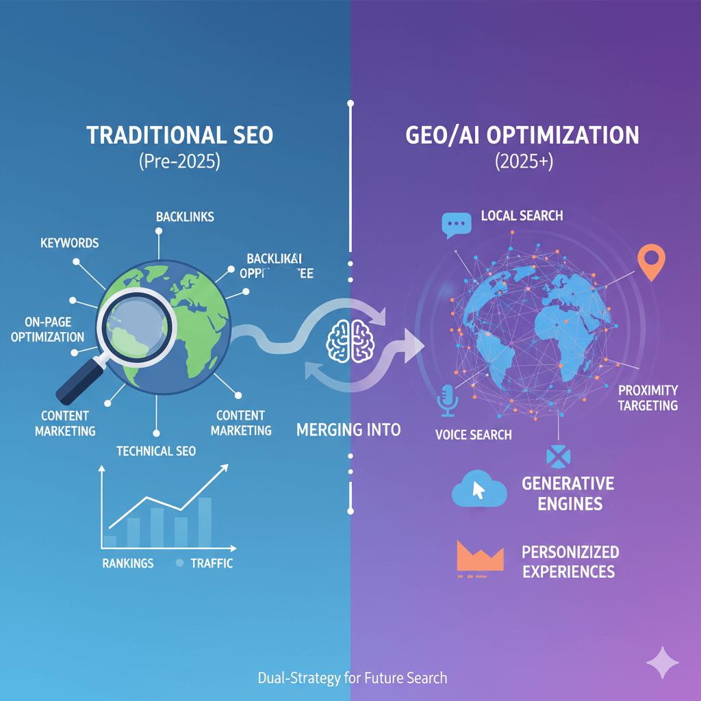 SEO and GEO strategies comparison infographic showing traditional search optimization merging with AI-powered generative engine optimization techniques for 2025