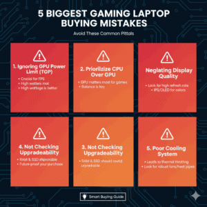 Common gaming laptop purchase mistakes infographic with warning icons and tips