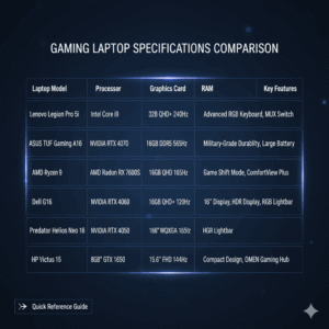 Gaming laptop comparison chart showing specifications, prices, and key features of top 5 models under $1500