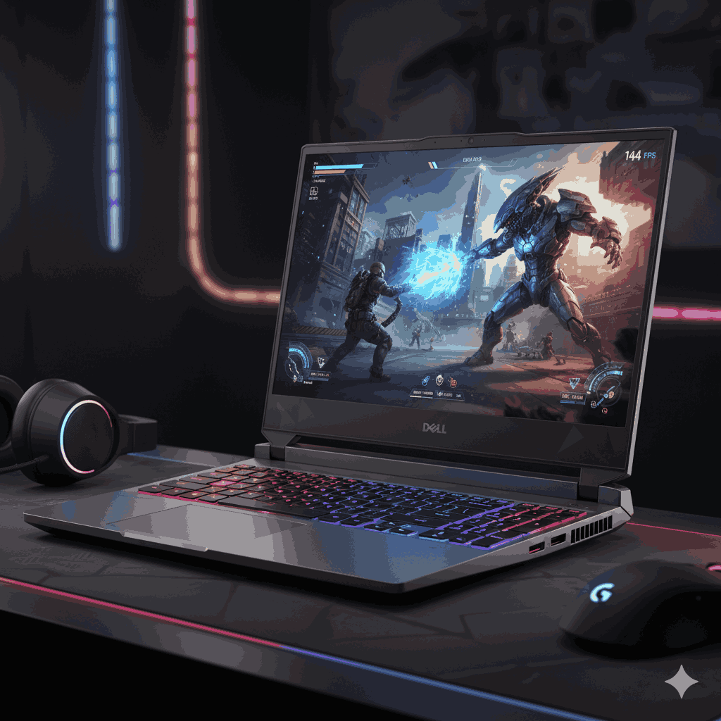 Dell G16 gaming laptop running AAA game showing high frame rates and visual quality