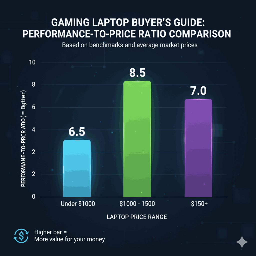 Gaming laptop price to performance ratio chart comparing $1000, $1500, and $2000+ models