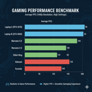 Gaming performance benchmark chart comparing FPS across Cyberpunk 2077, Valorant, and other popular titles