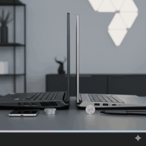 Gaming laptop side profile showing port selection and thickness comparison with everyday items