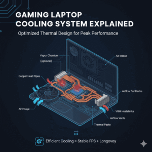 Gaming laptop cooling system diagram showing fans, heat pipes, and airflow patterns