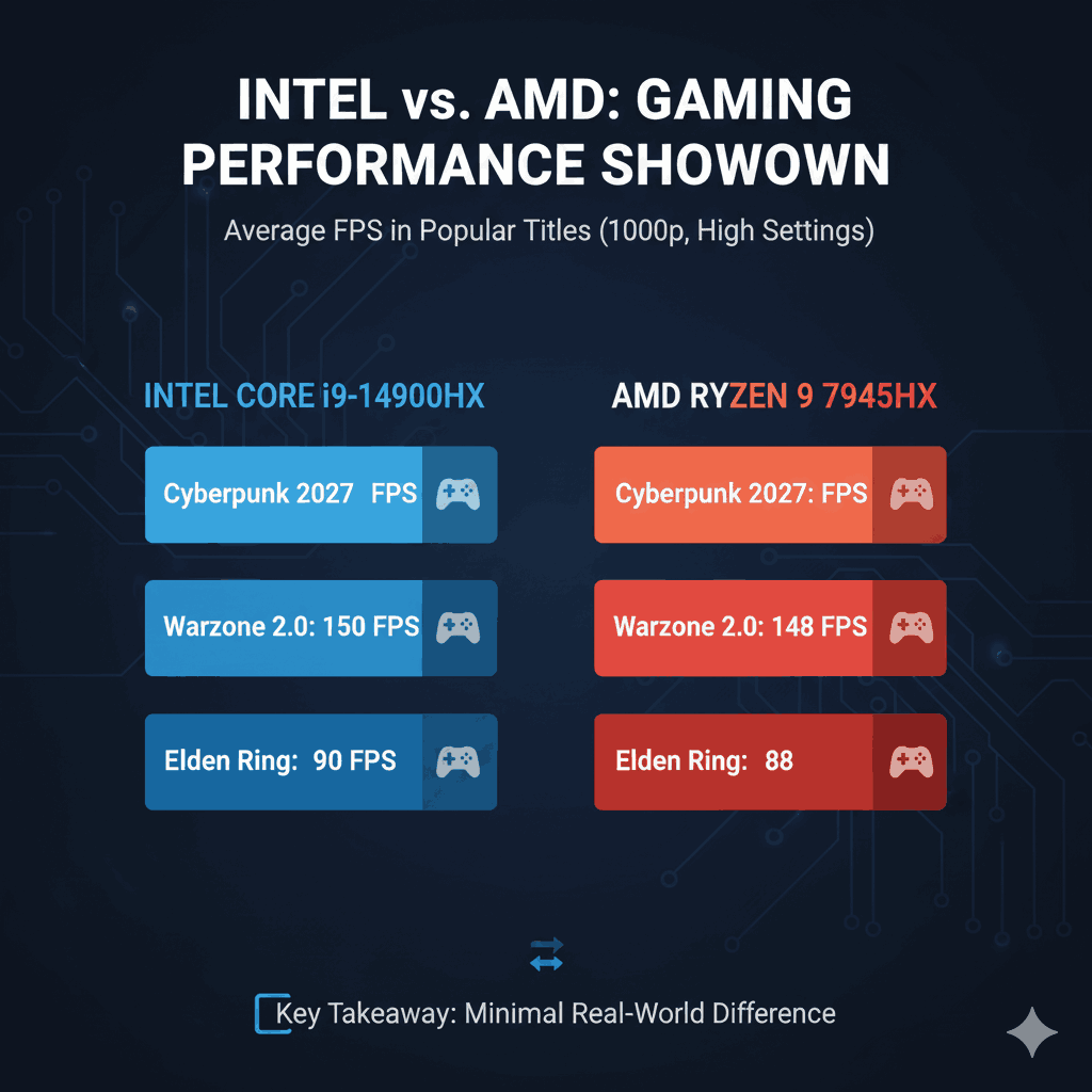 Intel vs AMD processor gaming benchmark comparison showing FPS across popular titles