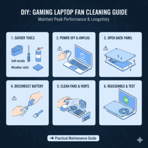Gaming laptop maintenance guide showing how to safely clean internal fans and vents