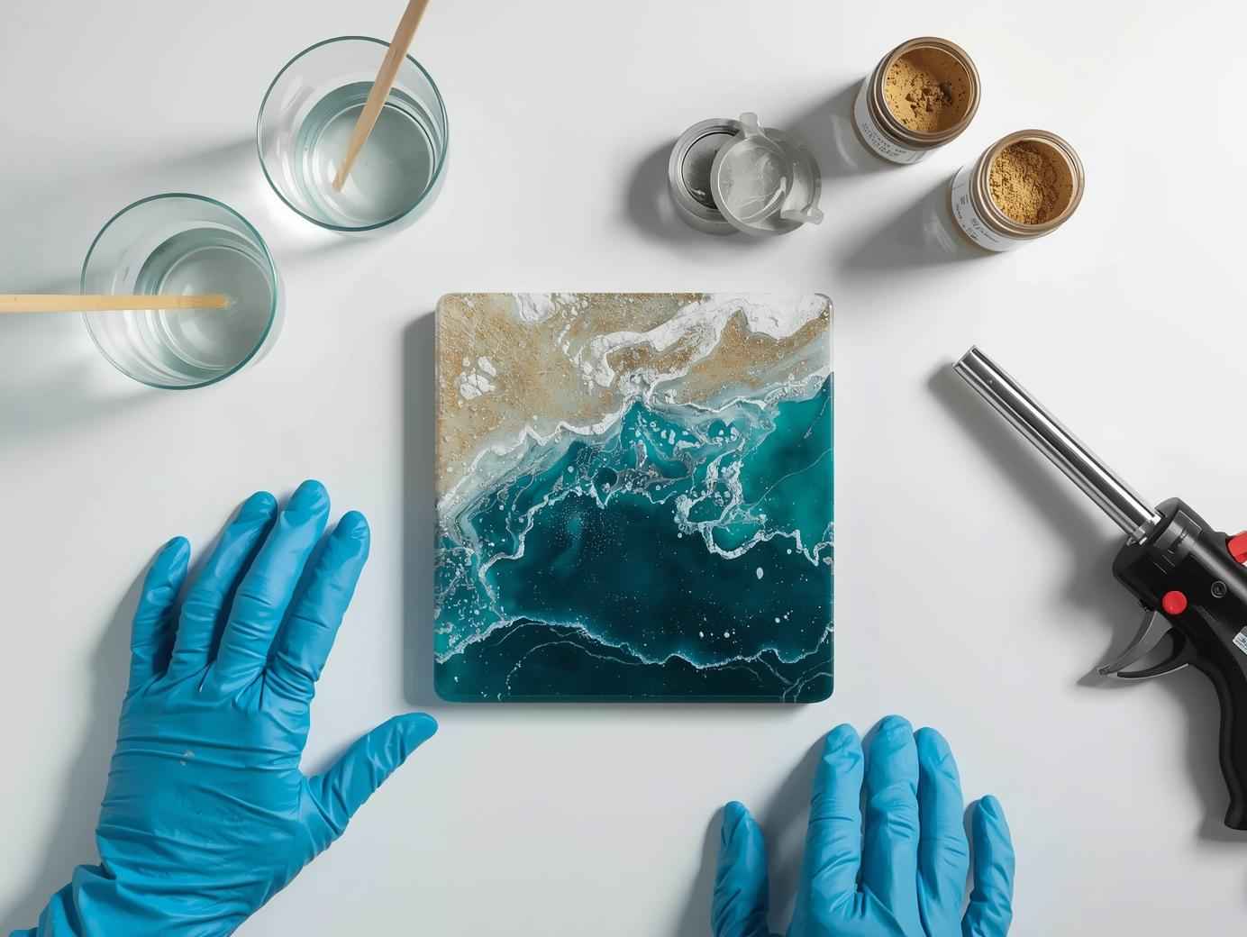Flat lay of resin art supplies including epoxy bottles, nitrile gloves, mixing cups, and a glossy ocean-themed resin coaster