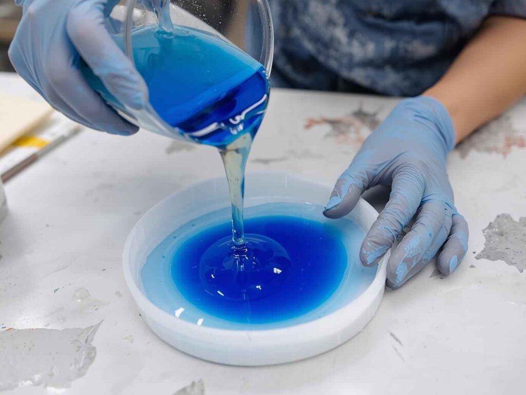 A beginner resin artist wearing gloves pouring blue epoxy resin into a silicone coaster mold.