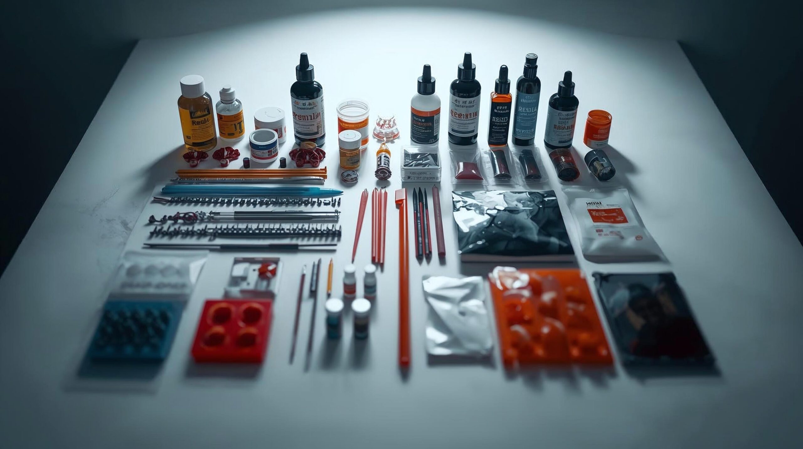 Complete beginner resin art kit layflat featuring epoxy resin bottles, various color pigments, mica powders, mixing sticks, small silicone molds, and jewelry findings.