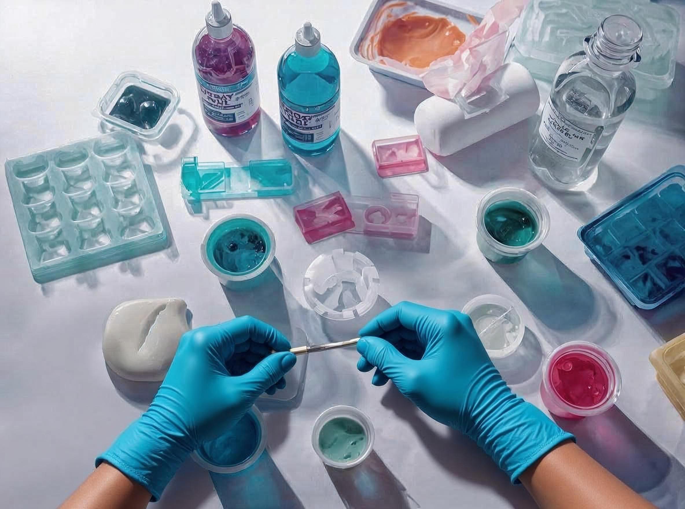 Complete beginner resin art kit with epoxy resin bottles, mixing cups, gloves, molds, and colorful pigments arranged on white background