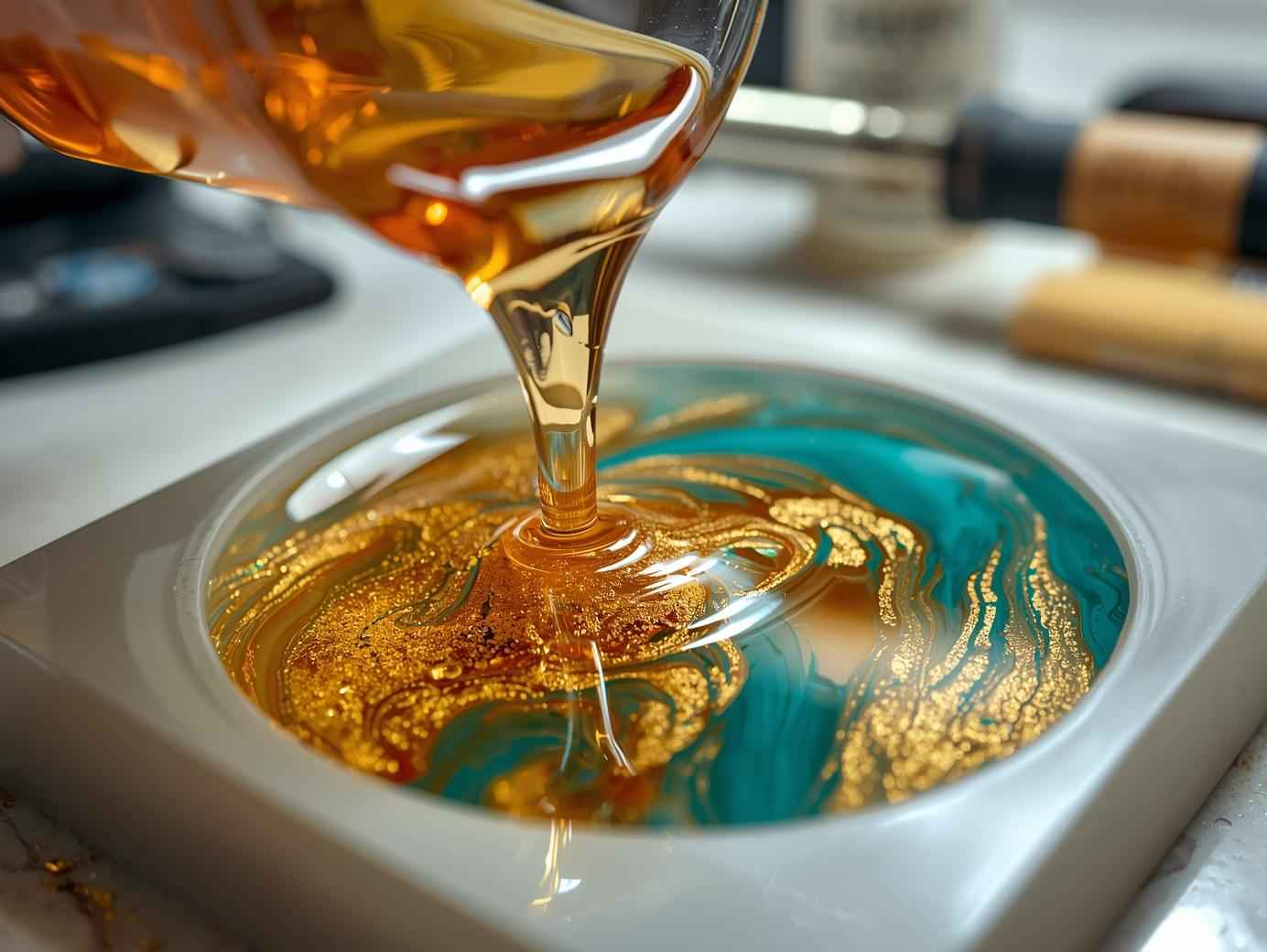 A close-up of clear epoxy resin with gold and teal swirls being poured into a silicone coaster mold, demonstrating the high-pour technique to minimize bubbles.