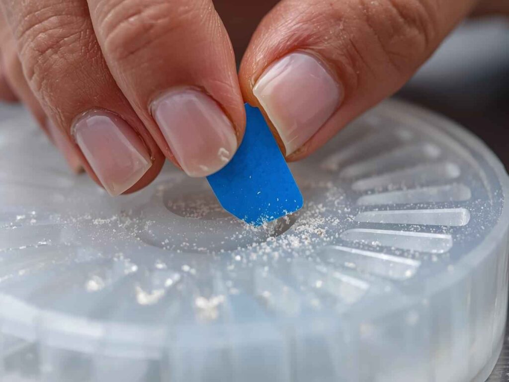 Close-up of a hand using blue masking tape to clean dust out of a silicone coaster mold.