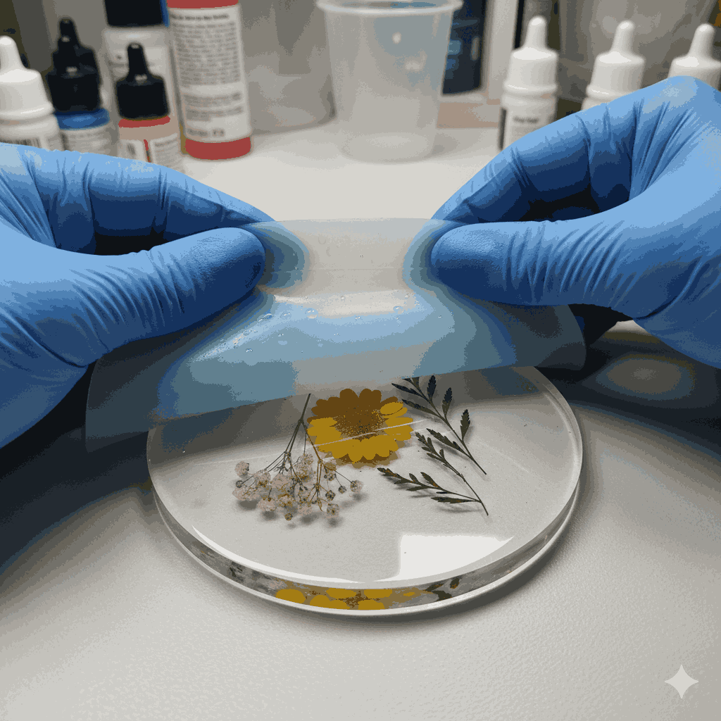 A pair of hands in blue gloves carefully peeling a silicone mold away from a cured clear resin coaster.