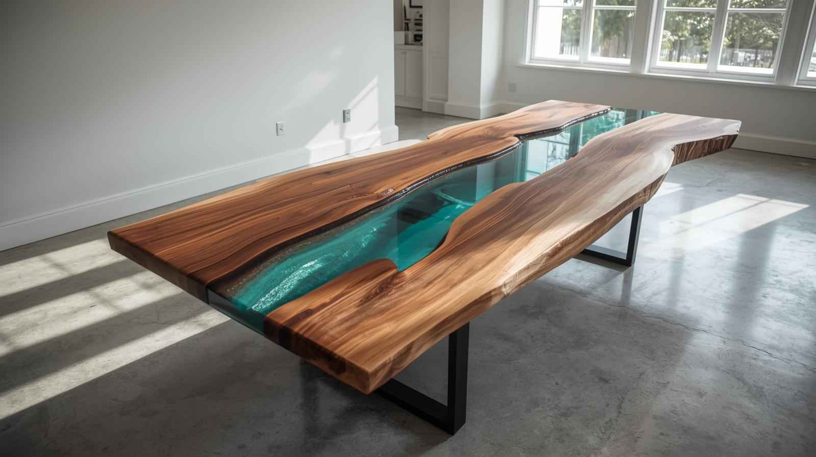 Modern DIY Black Walnut river table with deep blue transparent epoxy resin and steel legs, displayed in a sunlit dining room.
