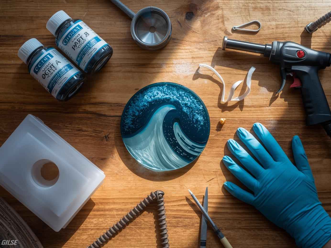 DIY resin coaster workspace showing ocean-themed epoxy art, mixing bottles, and silicone molds