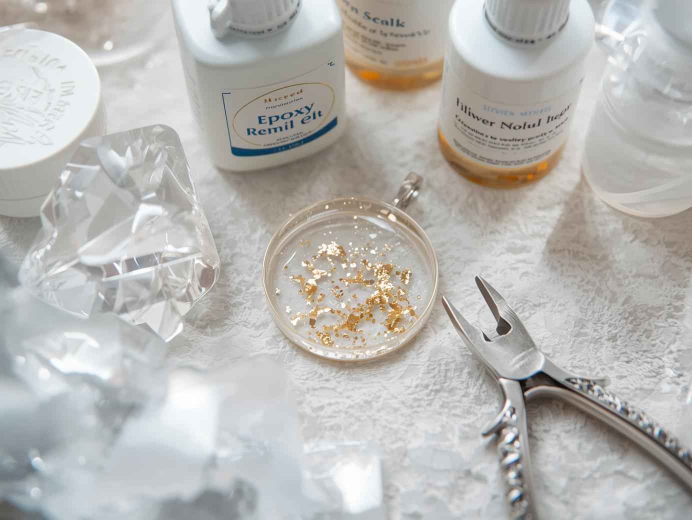 A bright, overhead shot of a crafting workspace featuring a crystal-clear resin pendant with gold flakes, bottles of epoxy resin, silicone molds, and a pair of jewelry pliers.