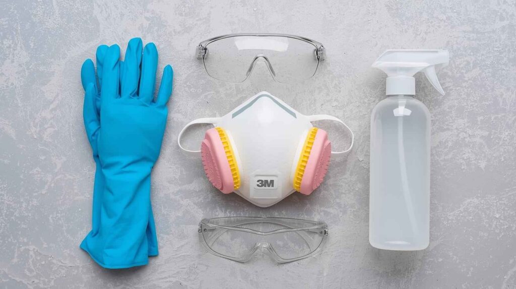 A safety flat-lay: Blue nitrile gloves, a 3M respirator with pink/yellow cartridges, safety goggles, and a bottle of citrus hand cleaner
