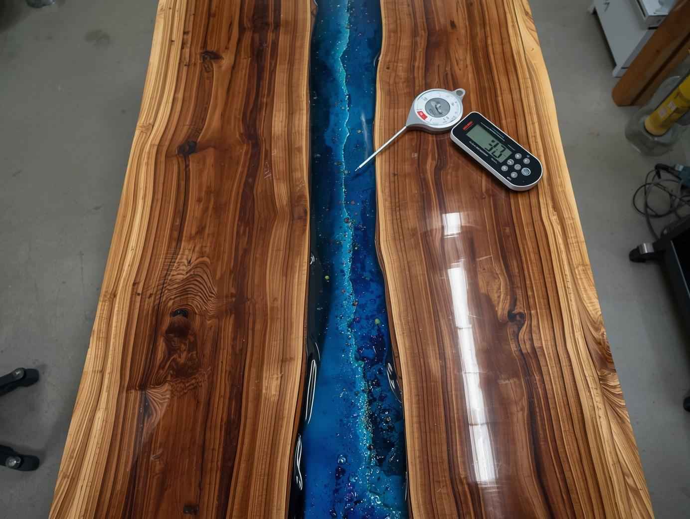 A high-resolution, top-down shot of a crystal-clear epoxy river table pour in progress, showing the distinct separation between the live-edge walnut wood and the liquid blue resin, with a digital thermometer and gram scale visible on the workbench.