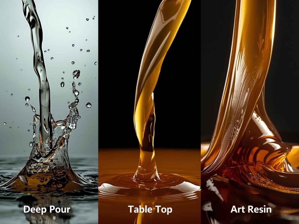 A visual comparison showing three cups being poured: 'Deep Pour' splashing like water, 'Table Top' flowing like syrup, and 'Art Resin' folding over itself like thick honey.