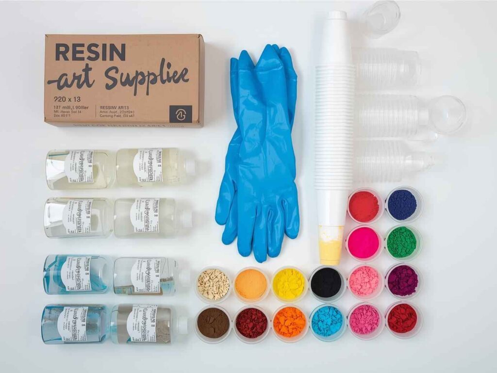 Flat lay of resin art supplies including resin bottles, nitrile gloves, mixing cups, and colorful mica powders.