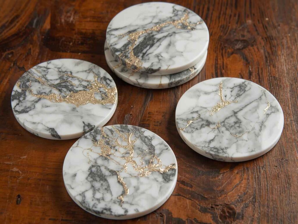 White and grey marble effect resin coasters with gold veins on a wooden table.