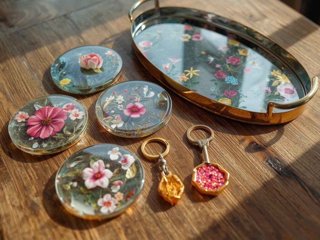 A collection of finished resin art projects including coasters, keychains, and a tray on a wooden table.
