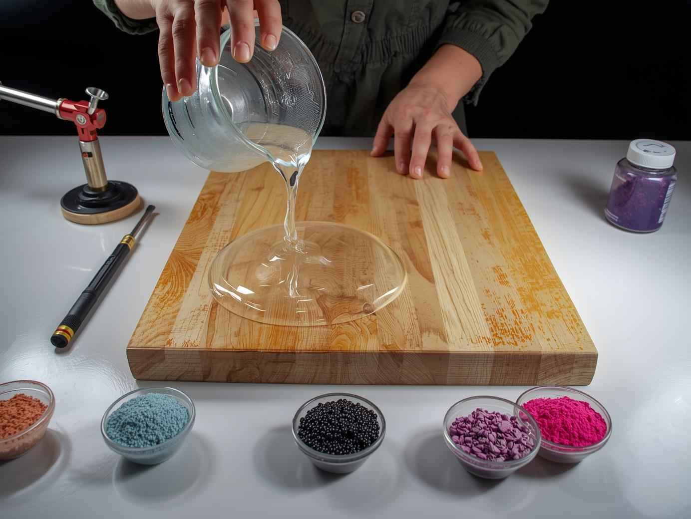 Resin artist pouring clear epoxy resin onto a flat wooden panel with pigments and tools around the workspace.
