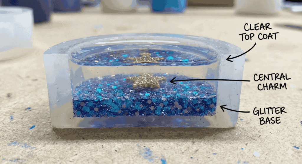 A side-view diagram showing the three layers inside a ring mold: glitter base, central charm, and clear top coat.