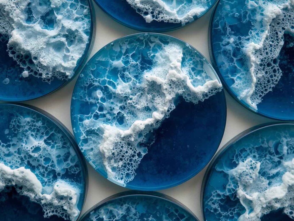Top-down view of ocean resin coasters showing realistic white lacing and foam cells against blue water.