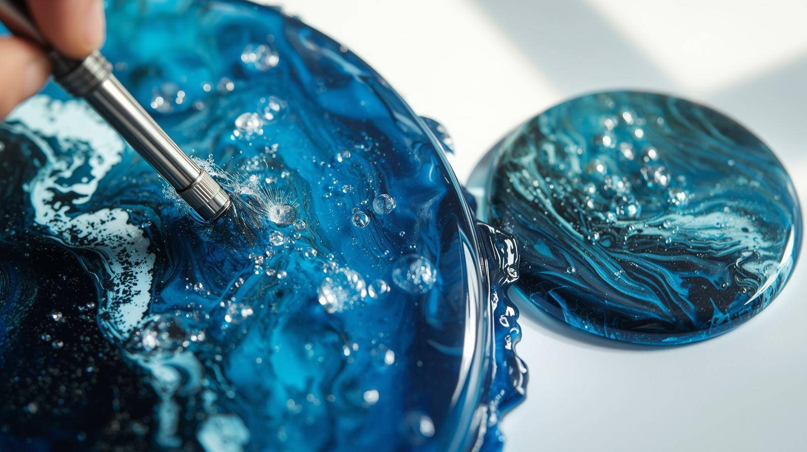 Close-up resin pour creating an ocean-effect coaster — glossy cured surface and torch removing bubbles
