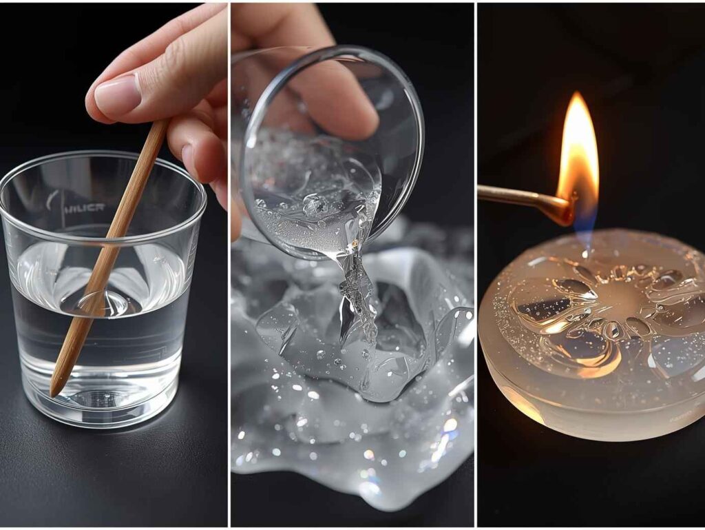 A collage showing three steps: mixing resin in a cup, pouring it slowly into a silicone pendant mold, and using a lighter to pop bubbles.
